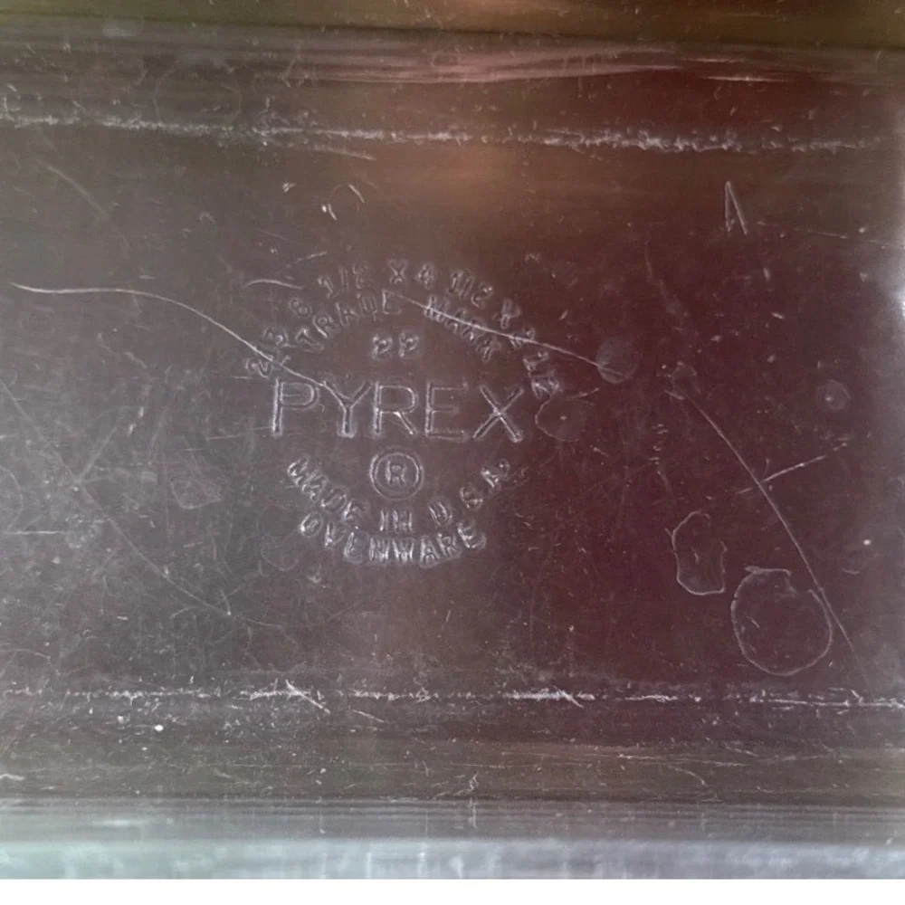 Pyrex Loaf Pan 213 with Floral Metal Cradle Green Gold Vintage Glass Good 1.5QT